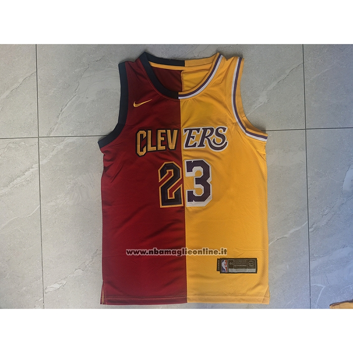 Maglia Cleveland Cavaliers Los Angeles Lakers LeBron James #23 Split Rosso Giallo